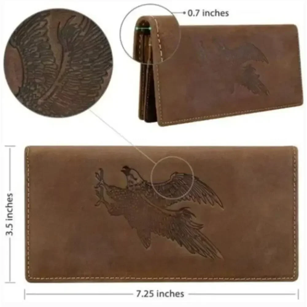 Vintage Brown Leather Long Wallet with Eagle Embossed Design RFID Bifold